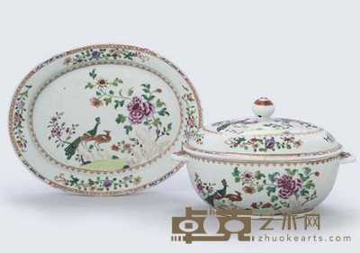 QIANLONG (1736-95) A RARE OVAL FAMILLE ROSE ‘DOUBLE PEACOCK’ TUREEN, COVER AND STAND 